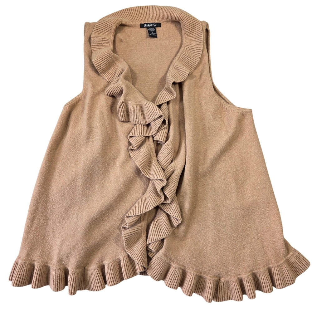 Gramercy 22 Womens 1X Tan Ruffle Trim‎ Open Front Sleeveless Cardigan Vest Boho